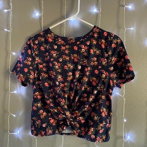 Cropped t-shirt, Dark blue with pink flowers, size Medium